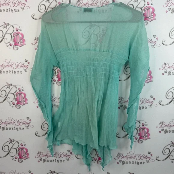 Guess top y2k fairy whimsy whimsical shirt blouse Sheer Teal Long Sleeve Top - Picture 2 of 15